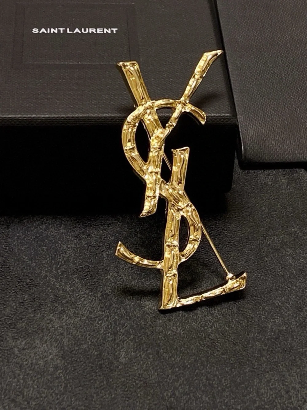Saint Laurent Gold Textured YSL Logo Pin
